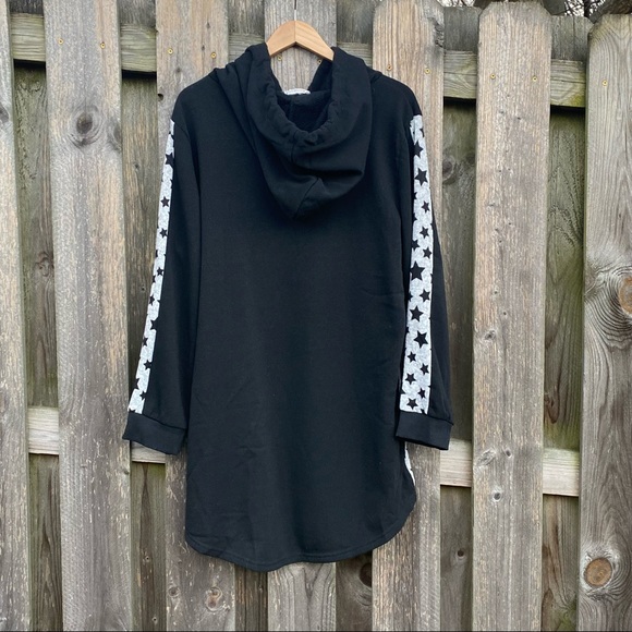 NEW Long Black Pocket Tunic Sweatshirt Hoodie with Star Grey Side Stripe… - Picture 5 of 5